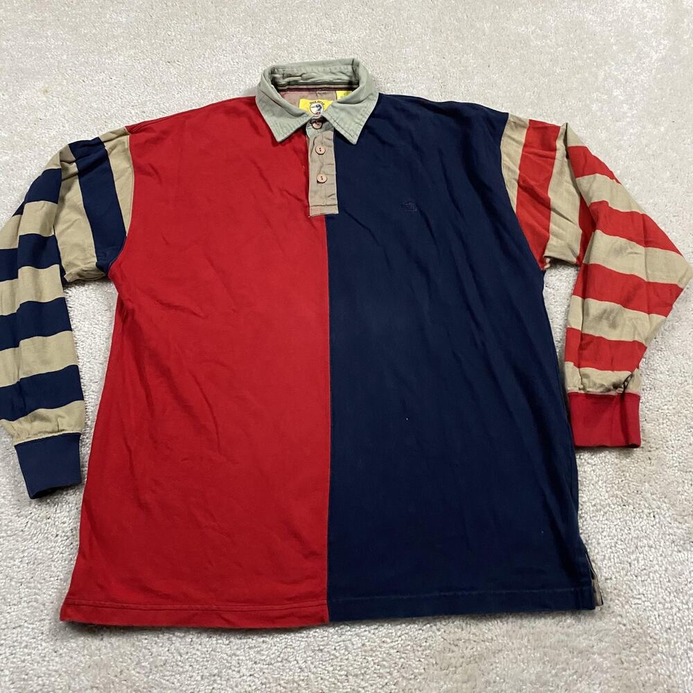 VTG Duck Head Polo Shirt Mens L Red Navy Stripe Colorblock Rugby Cotton Ivy Prep